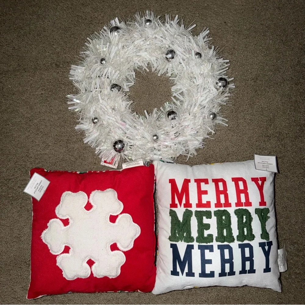 Festive Holiday Pillow and Wreath Set